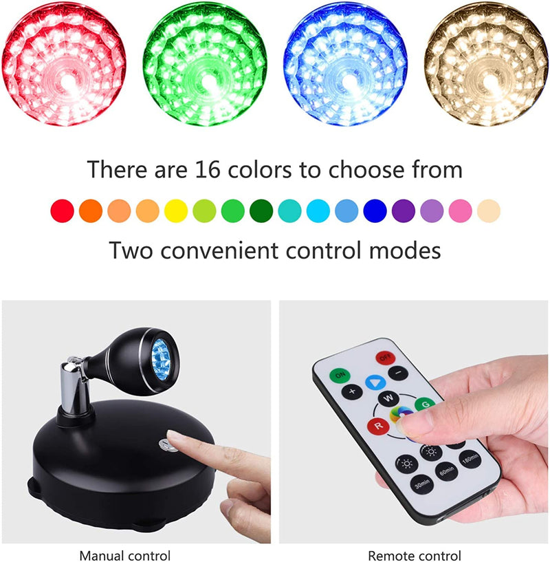 LEASTYLE LED Spot Light Indoor, Battery Operated Led Light Stick Up Lights with Remote, Mini Spotlight Dimmable Accent Lights for Lighting up Paintings Pictures(RGB 2 Pack) Multicolor