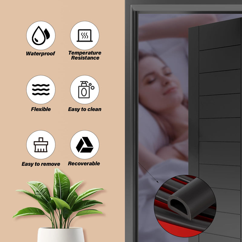 Silicone Weather Stripping Door Seal, 20FT Self Adhesive D-Shaped Door Weather Stripping for Door Frame＆Window Seal S (3/8"W × 1/4“T） Black