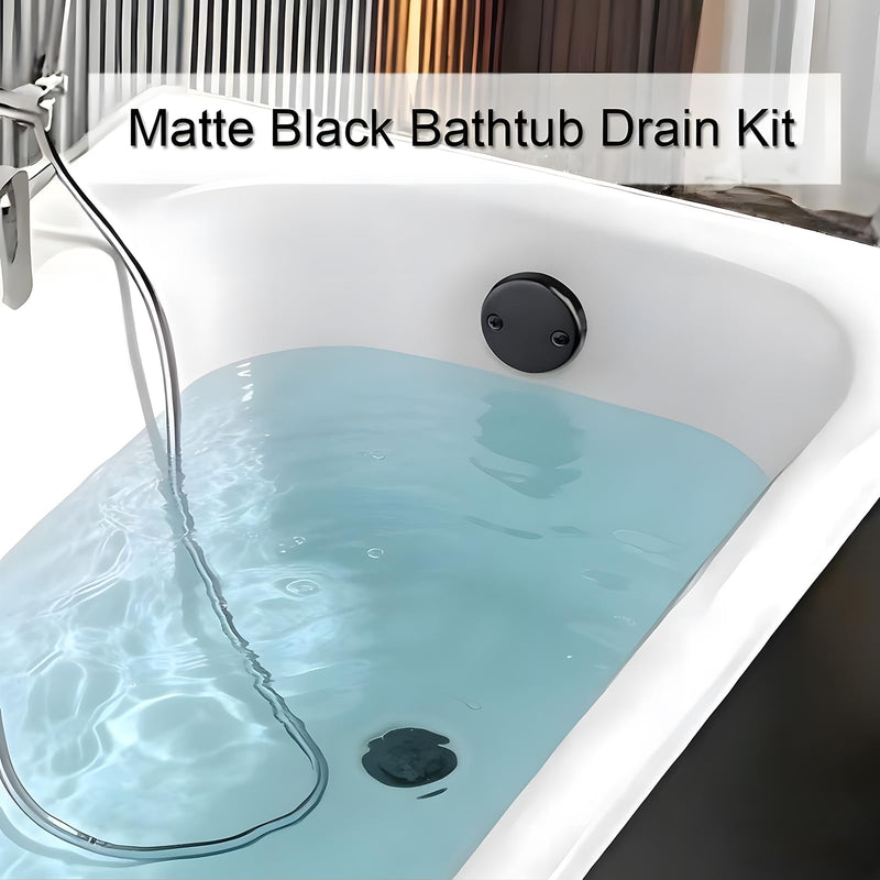Universal Matte Black Tub Drain and Overflow Kit - Complete 2-Hole Tip-Toe Trim Set with Easy Installation & Fine/Coarse Threads