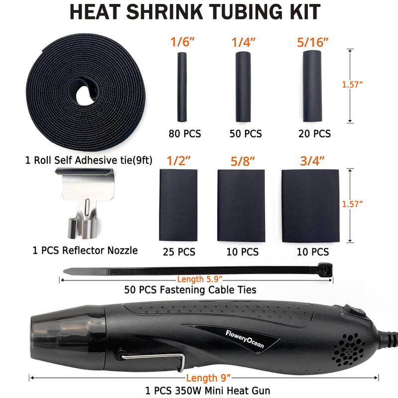 Heat Shrink Tubing Kit-350W Mini Heat Gun+4:1 Ratio Adhesive Lined,Marine Grade Shrink Tubes 195 PCS+Reflector Nozzle+Self Adhesive & Fastening Cable Ties - Wrapping Shrink Tube,Wire,Cable Mini Heat Gun + Heat Shrink Tubing Kit 350-black 1 - NewNest Australia