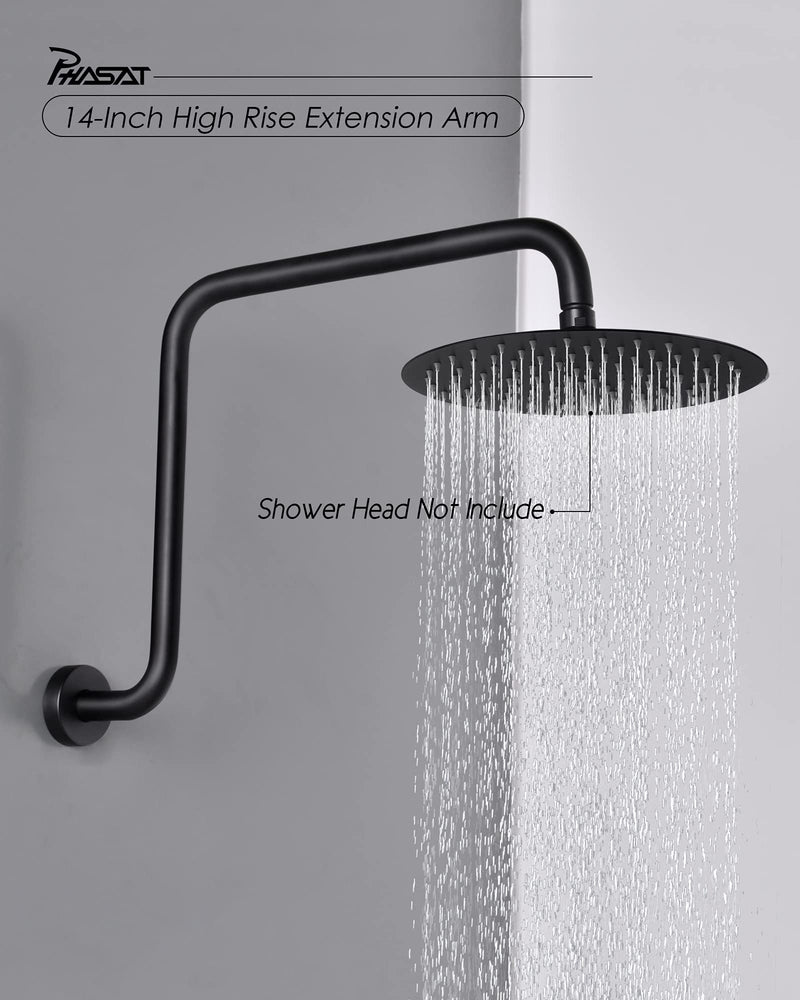 PHASAT 16 Inches Black Shower Head Arm,S Shaped Shower Arm with Flange,High Rise Shower Head Extension Arm,Shower Arm Extension Matte Black,PU9H02 Round