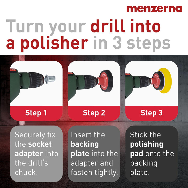 menzerna 3in1 Polishing Set – One-Step Polish (8oz) + Drill Machine Adapter + Medium Cut Pad | Polish Your Car with a Cordless Drill Adapter Set