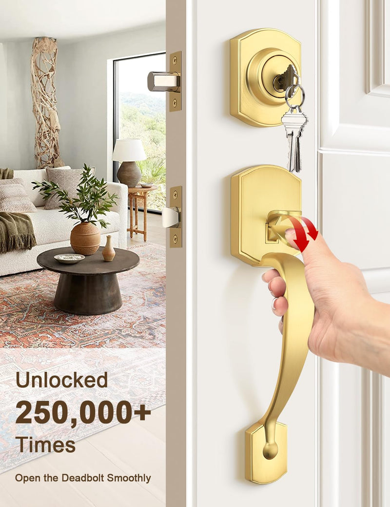 Camelot Brushed Gold Front Door Handle and Deadbolt Set, Front Door Lock Set, Satin Brass Finish, Upgated Entry Door Handle with Accent Wave Door Lever with Reversible Handle Lever, 1 Pack Gold - Deadbolt Set2