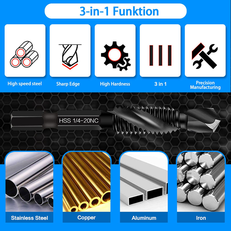 6 Packs Combination Drill & Taps Bit Set, Screw Tapping in SAE Size 6-32nc 8-32nc 10-32nc 10-24nc 12-24nc 1/4-20nc with Anti-Rust Black Coating, 1/4” Hex Shank and Storage Case 6 Pcs Tap Set
