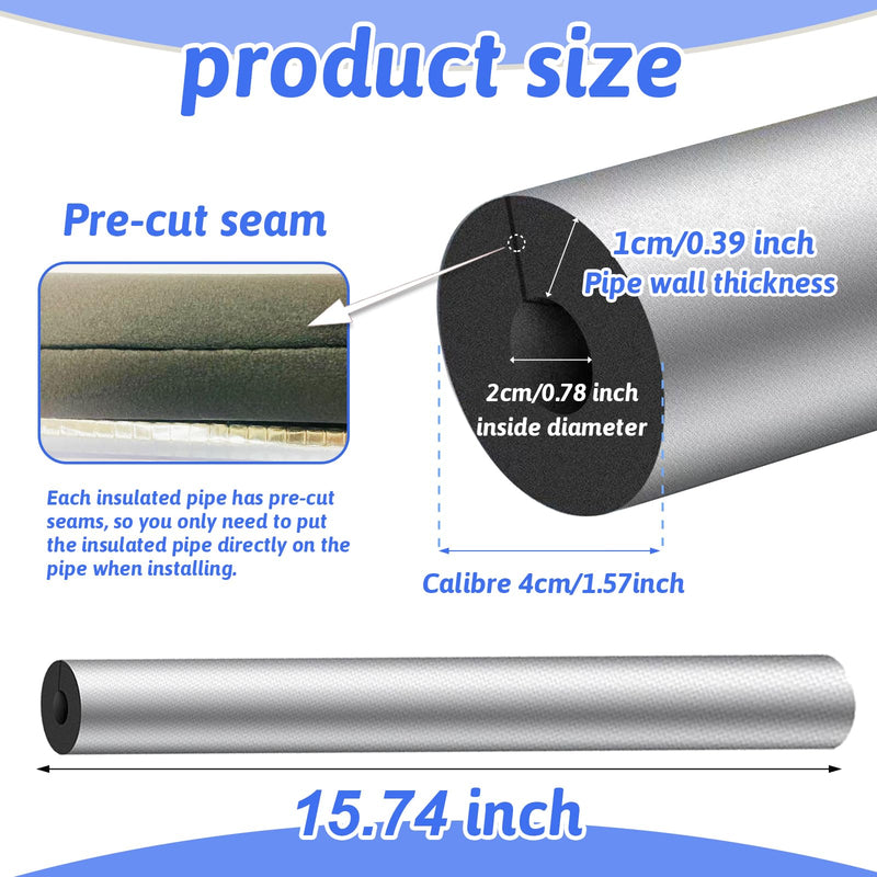 8 Pack Pipe Insulation Foam Tube, 3/4'' Self Adhesive Pre Slit Foam Pipe Covers Polyethylene with Aluminum Foil for Spigot, Winter Outside Pipes, Sprinkler, Water Heater Pipes Freeze Protection 8 Pack