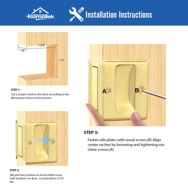 HOMOTEK Privacy Pocket Door Pull Without Switch Plate - Replace Old Or Damaged Passage Sliding Hardware No Lock Quickly and Easily, 2-3/4”x2-1/2”, for 1-3/8” Thickness Door, Brushed Brass 1 Pack No Lock-Brushed Brass