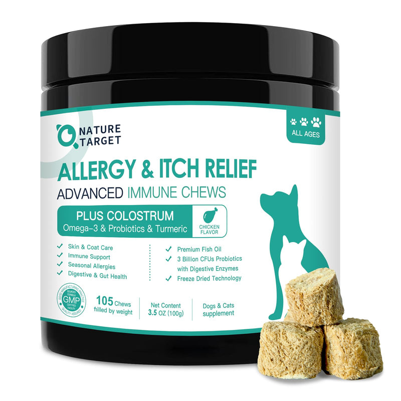 NATURE TARGET Dog Allergy Chews - Dog Allergy Relief, for Skin, Coat, Anti-Itch, Seasonal Allergies, Scratching, Pawlicking, 105 Freeze Dried Chews