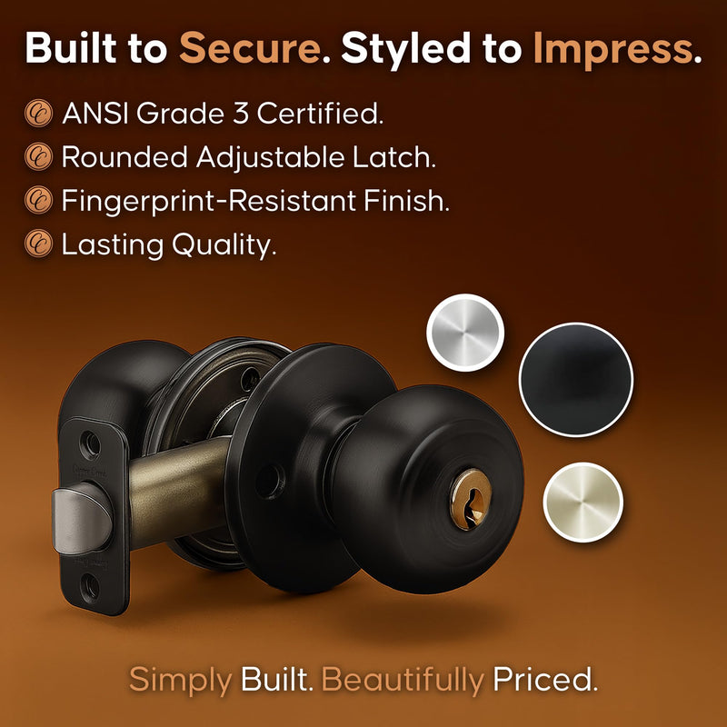 Copper Creek Colonial Entry Door Knob – Keyed Entry Handle with Lock and Key, ANSI Grade-3 Certified, DIY-Friendly Install for Interior and Exterior Entrance Doors – Matte Black (3 Pack) 3 Pack