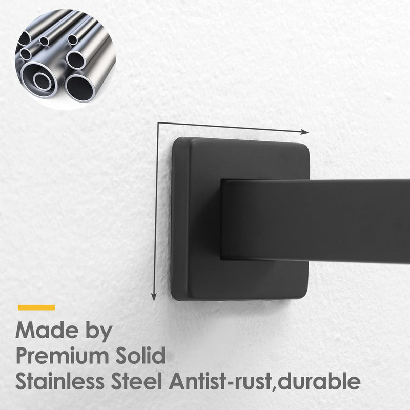 BESy 16 Inches Straight Extended Shower Arm With Flange, Rain Shower Head Extension Arm, Square Shower Rod Shower Head Extender Arm Shower Pipe Extension, Wall-Mounted Matte Black Stainless Steel