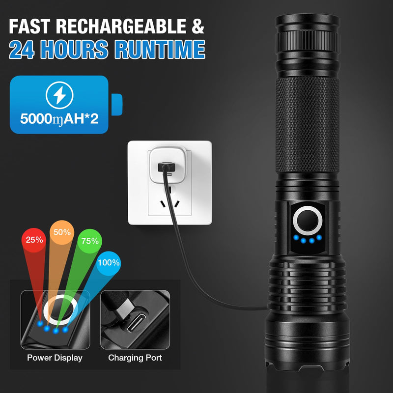 Rechargeable Flashlights 90000 High Lumens - 2 Pack, Super Bright LED Flashlight Rechargeable with 5 Light Modes, High Powered & IPX7 Waterproof Flash Light for Camping, Home