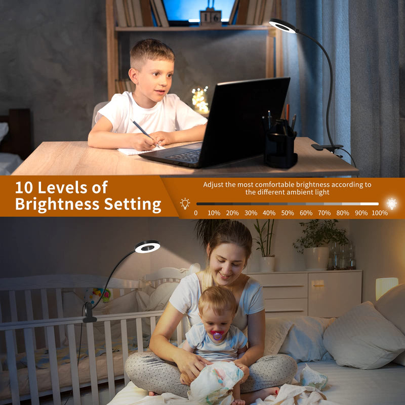 iZELL Desk Lamp, [3 Color Modes & 10 Brightness] LED Reading Light with Clamp, Flexible Gooseneck Book Light for Kids Reading Book in Bed at Night Clip on Table, Headboard, Dorm - 15.8‘’ Black 15.8'' Black