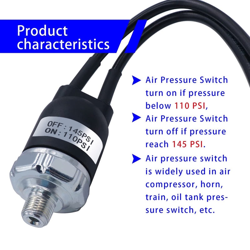 mankk Air Pressure Switch 110-145 PSI Thread 1/8" NPT 24V 12V DC Air Compressor Pressure Switch with Line for Air Horn Train 110-145-1/8" NPT-X-W