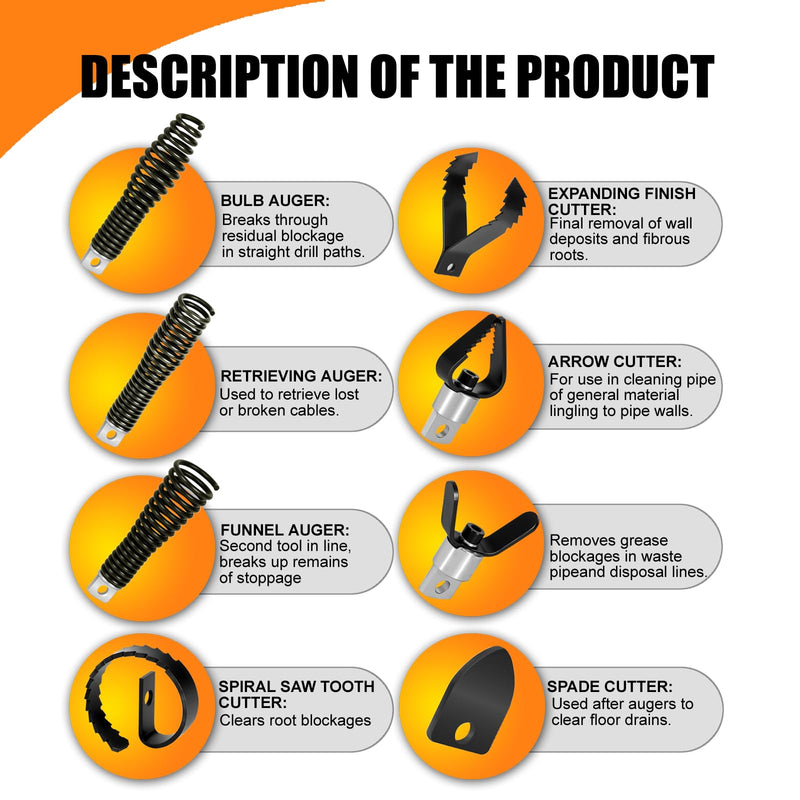 8-Piece Drain Snake Drill Attachment, Cutter and Auger Set, Compatible with 50FT-100FT Drain Cleaning Machines, Fits 5/16-inch to 3/4-inch Drain Snake Cables