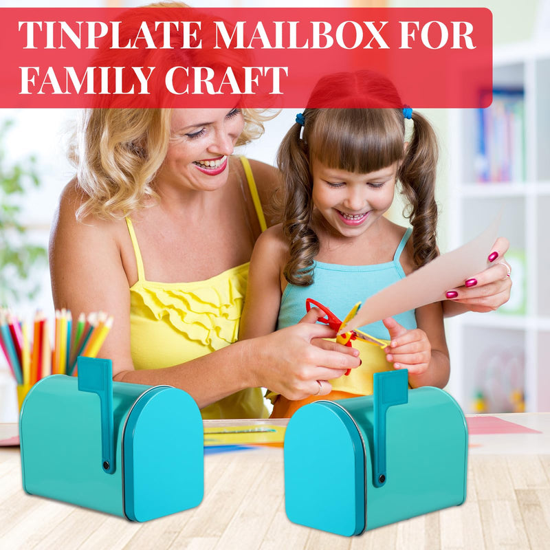 Tandefio 2 Pcs 5'' x 3'' Tinplate Mailbox Toy Mini Tin Valentines Small Decorative Mailbox DIY Craft for Boys and Girls Greeting Card Exchange Gift Prize Supply(Cyan) Cyan