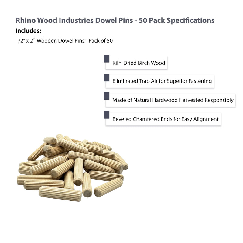 1/2" x 2" - 50 Pack Wooden Dowel Pins - Kiln Dried, Fluted, and Beveled (1/2" x 2", 50pk) 1/2" x 2"