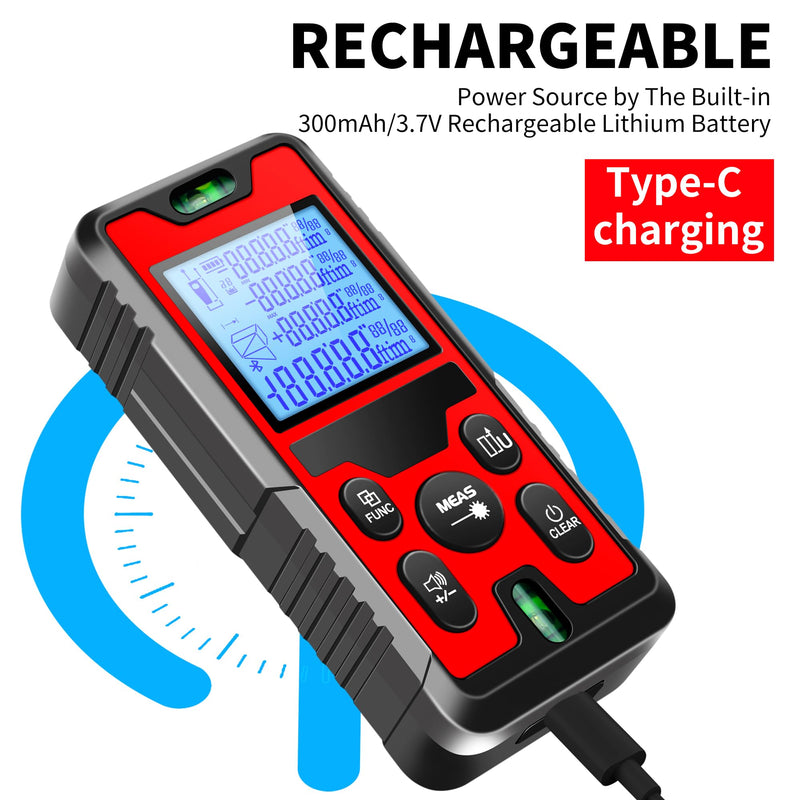 394ft/120m/4724 inches Digital Infrared Laser Distance Meter Distance/Area/Volume/Pythagorean/Double Pythagorean Measurement with 4-Digits&4 Readings Displaying Rechargeable