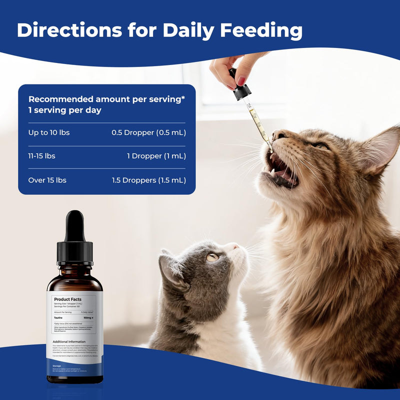 Taurine Supplement for Cats Liquid Drops, Essential Taurine Support for Heart Health, Vision & Immune Function, Daily Feline Nutrition Supplementt, 60 mL × 2 Bottles