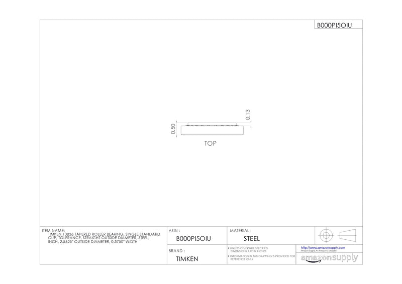 TIMKEN 13836 Tapered Roller Bearing, Single Cup, Standard Tolerance, Straight Outside Diameter, Steel 0.030" Max Housing Fillet Radius