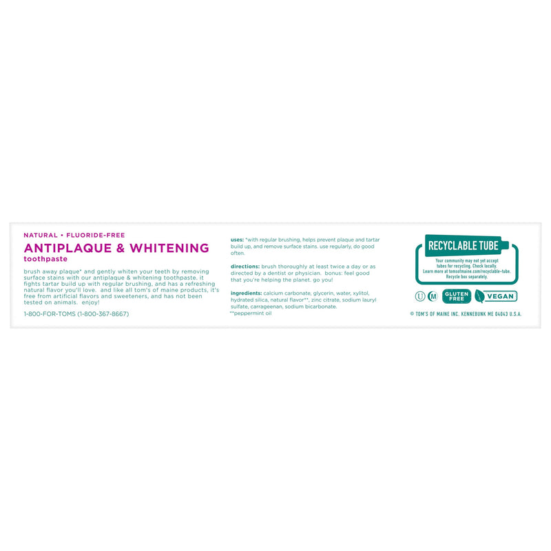 Tom's of Maine Fluoride-Free Antiplaque & Whitening Natural Toothpaste, Peppermint, 5.5 oz. (Pack of 2) 5.5 Ounce (Pack of 2)