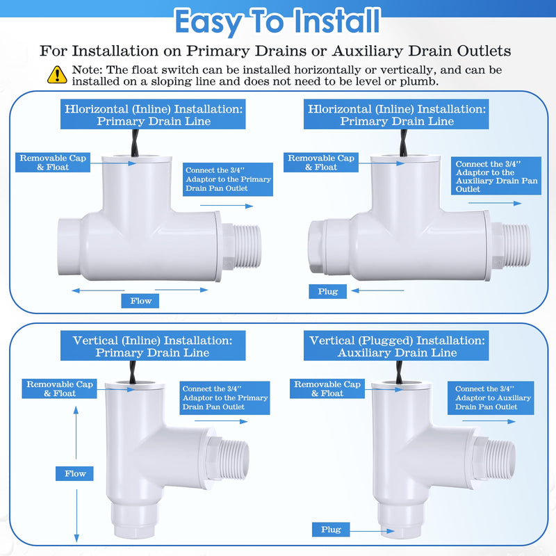 1 Pack SS1 Condensate Overflow Switch, SS1 Float Switch T Shape with 3/4 Inch Adaptor and 6FT Wire, HVAC Overflow Shut Off Float Switch for HVAC System, Detect Condensate Overflow 1