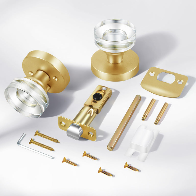 Glass Door Knobs Gold Door Knob Interior Satin Brass Privacy Door Knob for Bedroom and Bathroom Crystal Door Knob 1 Pack Privacy