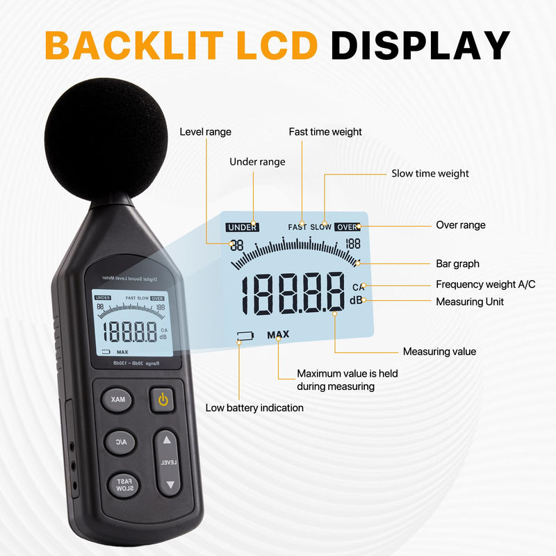 DB-01 Decibel Meter, Professional Sound Decibel Meter with A/C Weighting, Fast/Slow Response, 30-130dB Range,for Home, Office, Factory, Noisy Neighbors