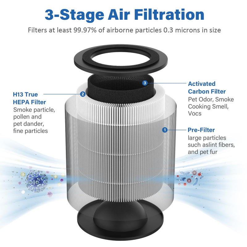 JF100 Replacement Filter, 3-in-1 H13 True HEPA and High-Efficiency Activated Carbon Filter, 2-Pack 2 Pack