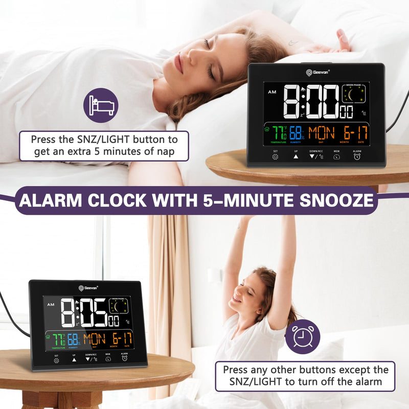 Geevon Digital Atomic Alarm Clocks for Bedrooms, Color VA Display Atomic Clock with Indoor Temperature and Humidity, DST, Dimmable Backlight, 2 USB Ports, Calendar, and Moon Phases