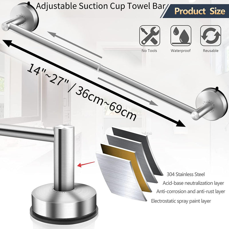 DGYB 2 Pcs Adjustable Suction Cup Towel Bar for Bathroom 14-27 Inch Brushed Towel Rack No Drill Removable Shower Towel Holder for Glass Door Tile New-brushed 2pcs