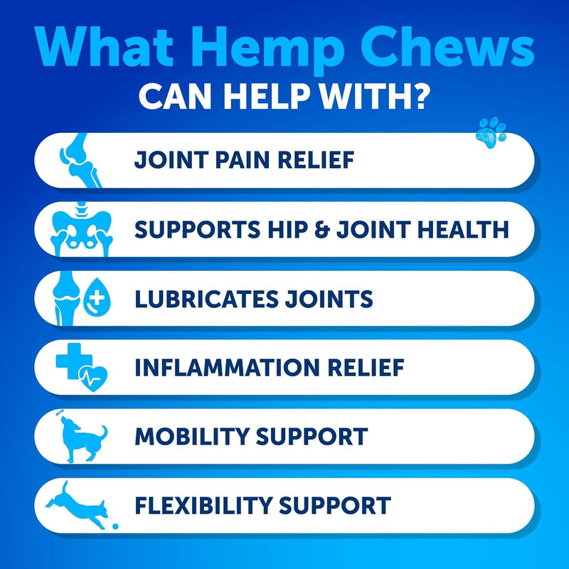 Hemp Hip and Joint Supplement for Dogs - Glucosamine for Dogs Joint Pain Relief - Chews with Chondroitin, MSM, Hemp Oil - Mobility Support, Cartilage Health - For Large, Small breeds - 120 Soft Treats Hip & Joint Hemp Chews 8 oz