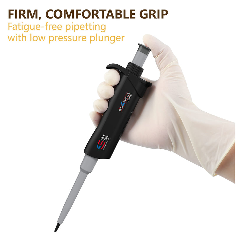 PER4MANCE Pipette - 10~100µL Adjustable Single Channel Pipette, ISO Calibrated Low Plunger-Force Ergonomic Micropipette with Autoclavable Lower and Universal Tip Cone, Ultra-Light Precise Pipettor 10-100µL