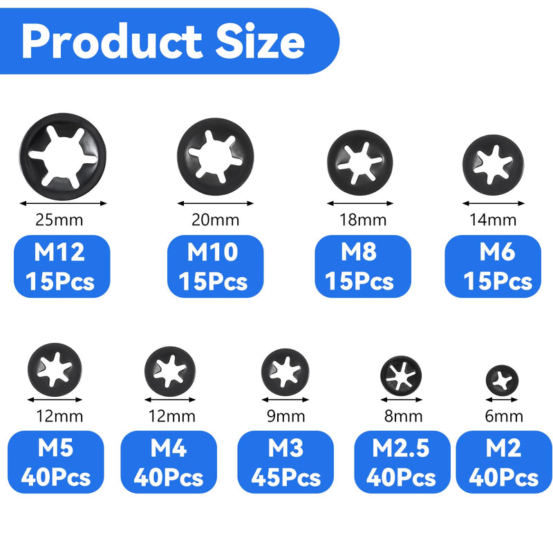 265PCS 9 Sizes Internal Tooth Star Lock Washers, Large Quick Speed Push On Lock Washers, Black Hardware Nuts Kit, Push Nuts Assortment