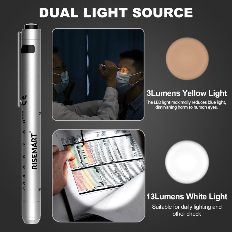 Rechargeable Pen light & Medical Scissors for Nurse -7.5"Trauma Shears Warm/white Penlight with Pupil Gauge,with 4 Pen Set for Nurse,Nursing Student, Doctor #Pink Bandage Scissors +Silver Pen Light Pink Bandage Scissors +Silver Pen Light