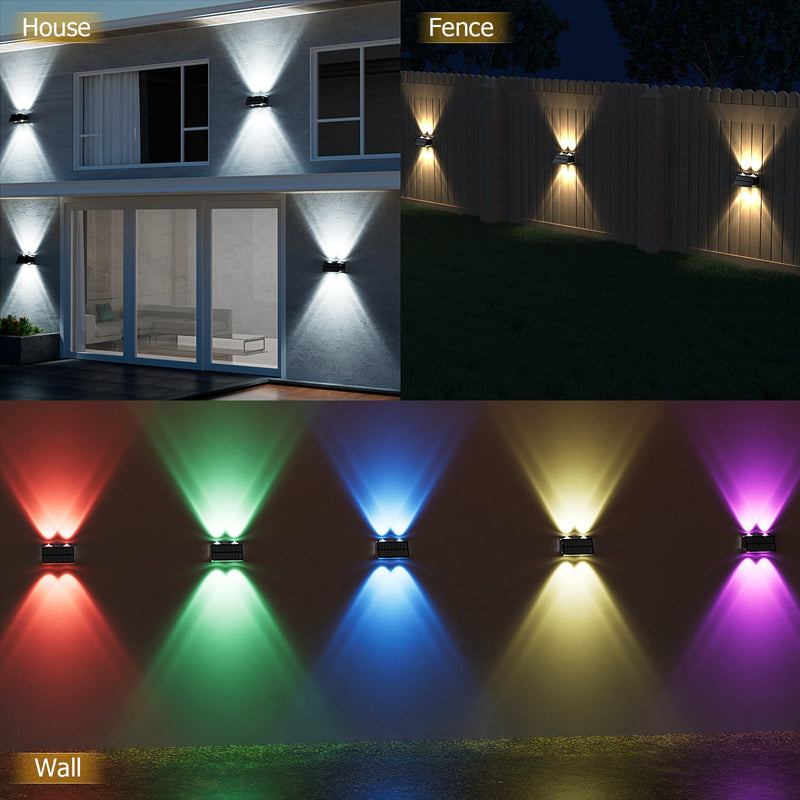 Solar Fence Lights Outdoor Waterproof, Warm & Cool White RGB Dusk to Dawn LED Wall Mount Sconce Light Up & Down Deck Lights Solar Powered for Outside Garden Patio Backyard Garage(6 Pack) 6 PK Black
