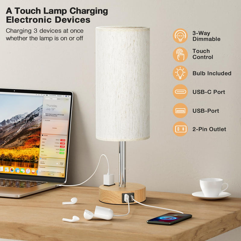 Bedside Table Lamp for Bedroom - 3 Way Dimmable Touch Lamp USB C Charging Ports and AC Outlet, Small Lamp Wood Base Round Flaxen Fabric Shade for Living Room, Desk, LED Bulb Included Cream Shade-Wood Base 14" Touch Control
