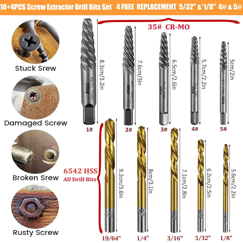 14Pcs Screw Extractor and Left Hand Drill Bits Set, Bolt Remover Reverse Cobalt HSS Steel Drill Bit for Remove Stripped Screws and Broken Bolts Extractor+Left Drill