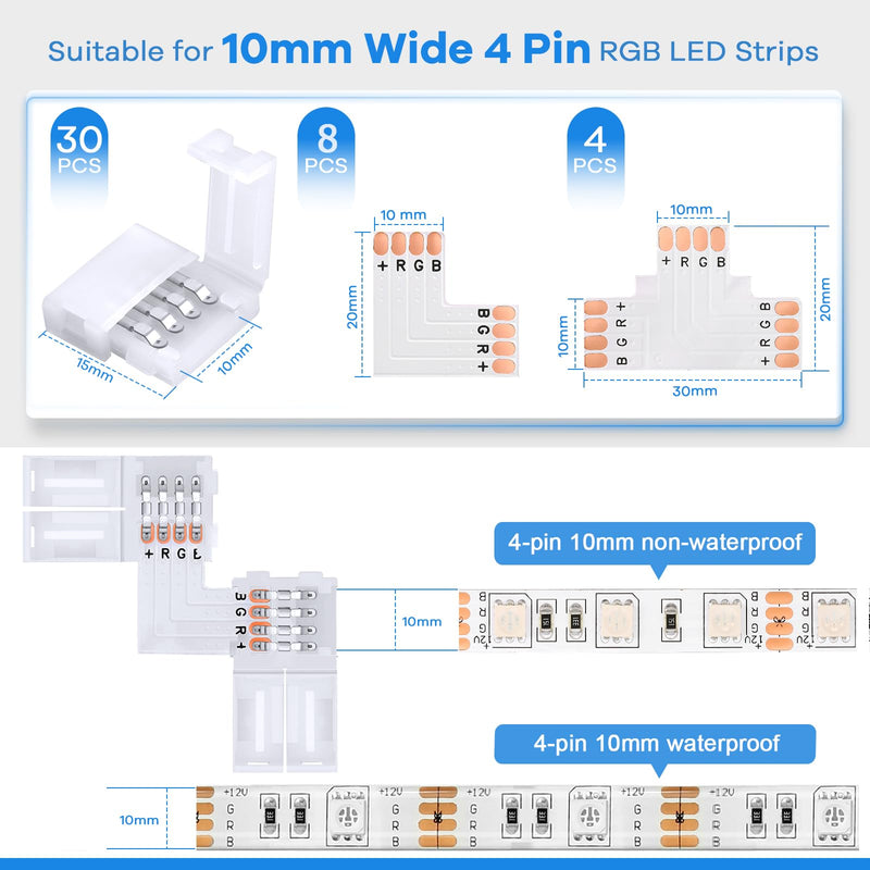 42Pcs 4 Pin LED Strip Connectors Kit for 5050 10mm Wide RGB LED Strip Light, Includes 8 L-Shaped, 4 T-Shaped, and 30 Solderless LED Light Connectors Clips, Easy for DIY Lighting Projects