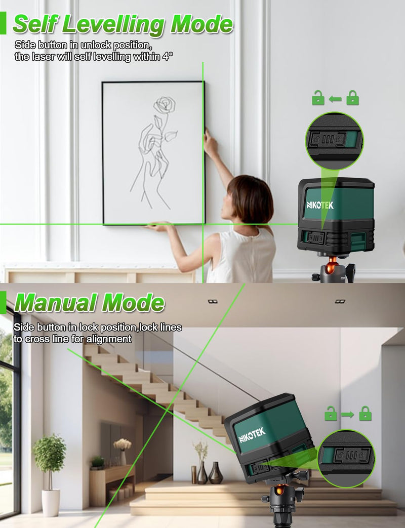 Laser Level, Self-leveling Green Line Laser With Horizontal and Vertical Lines for Construction and Picture Hanging, Battery Included