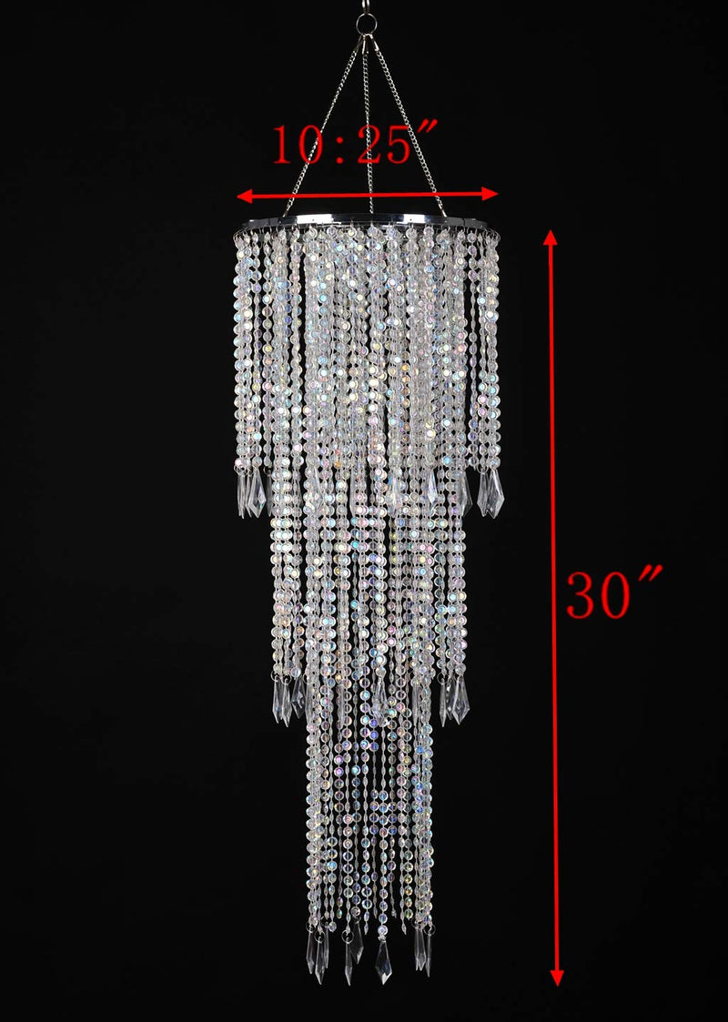 FlavorThings Sparkling Iridescent Acrylic Beaded Hanging Chandelier (W10.25"H30”)，3 Tiers Beads Pendant Shade, Ceiling Chandelier Lampshade with Acrylic Jewel Droplets, Beaded Lampshade H30