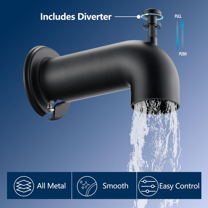 Slip-On Tub Spout with Diverter Long for Bathtub Spout, Fit for 1/2 Inch Slip Pipe, Matte Black