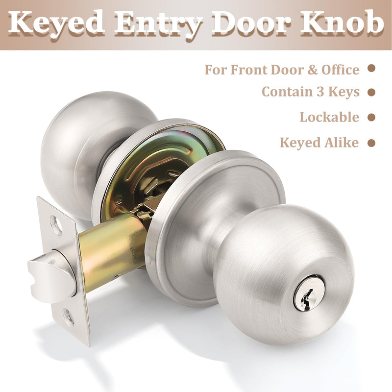 Probrico（3 Pack Entry Door Knob Keyed Alike,Satin Nickel Finish Door Lock Handle,Entry Door Lock/Ball Door knobs with Lock and Same Key,Entrance Knob[Lock with 3 Combo Keys] for Office or Front Door Satin Nickel