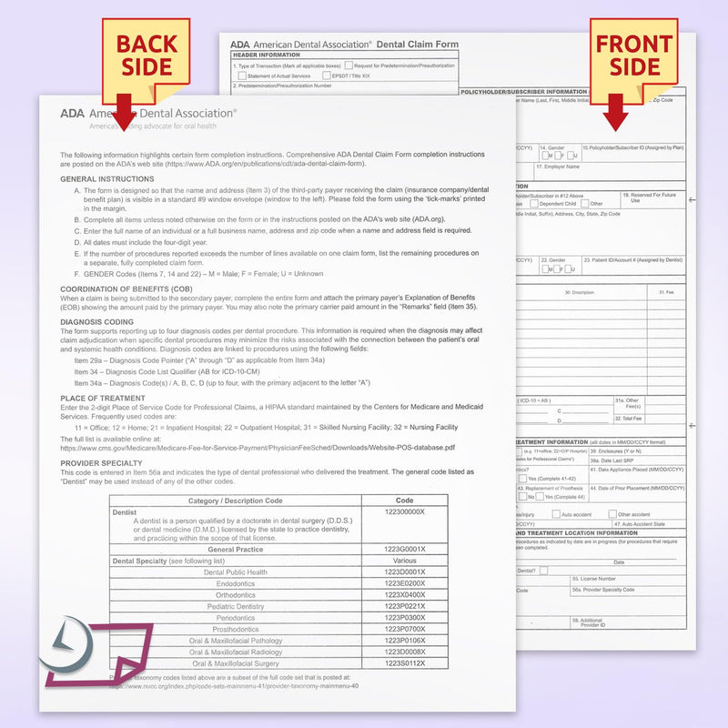ADA Dental Claim Insurance Claim Forms, 8-1/2" X 11" Letter Size for Laser or Ink Jet Printers (Pack of 100 Sheets) Pack of 100 Sheets