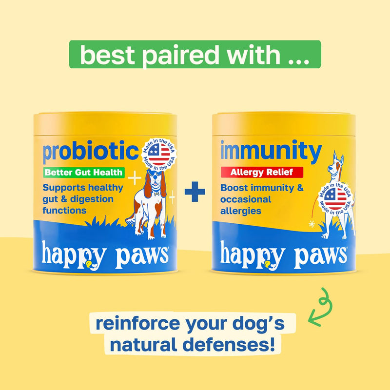 Happy Paws Probiotics for Dogs, Gut Health, Skin, Coat & Immune Support Supplement for All Breeds & Ages, Made with Coconut Oil & Vitamin E, Vegan Chicken Flavor, Organic, Non GMO, 100 Soft Chews 100 Count