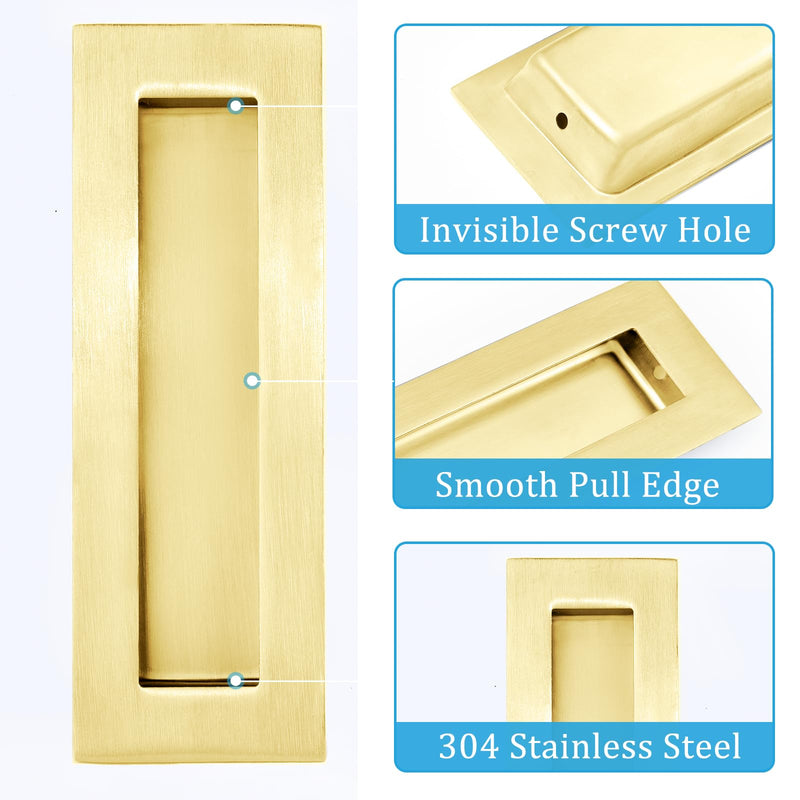Dontay Sliding Pocket Door Handles, 304 Stainless Steel Non Locking Pocket Door Hardware, Recessed Flush Finger Pulls, Heavy Duty Edge Pull with Pop Out Ring Pull (Satin Brass (2 Set), 4.72 Inch) Satin Brass (2 Set)