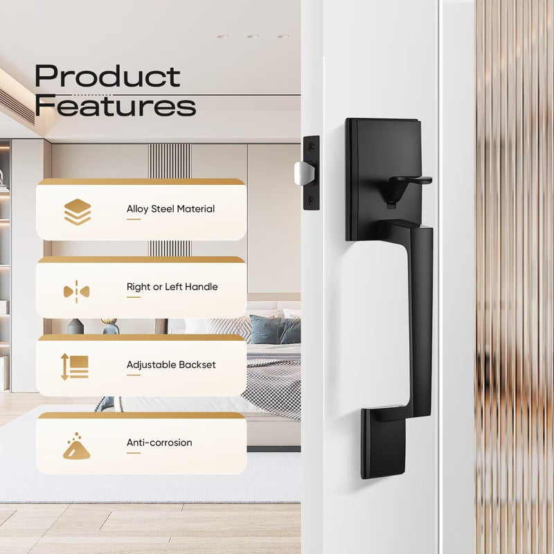 Leydebong Black Front Door Handle Set with Reversible Lever - Exterior Door Handle Set for Right or Left Handed Doors, No Lock Entry Lever, Matte Black Finish
