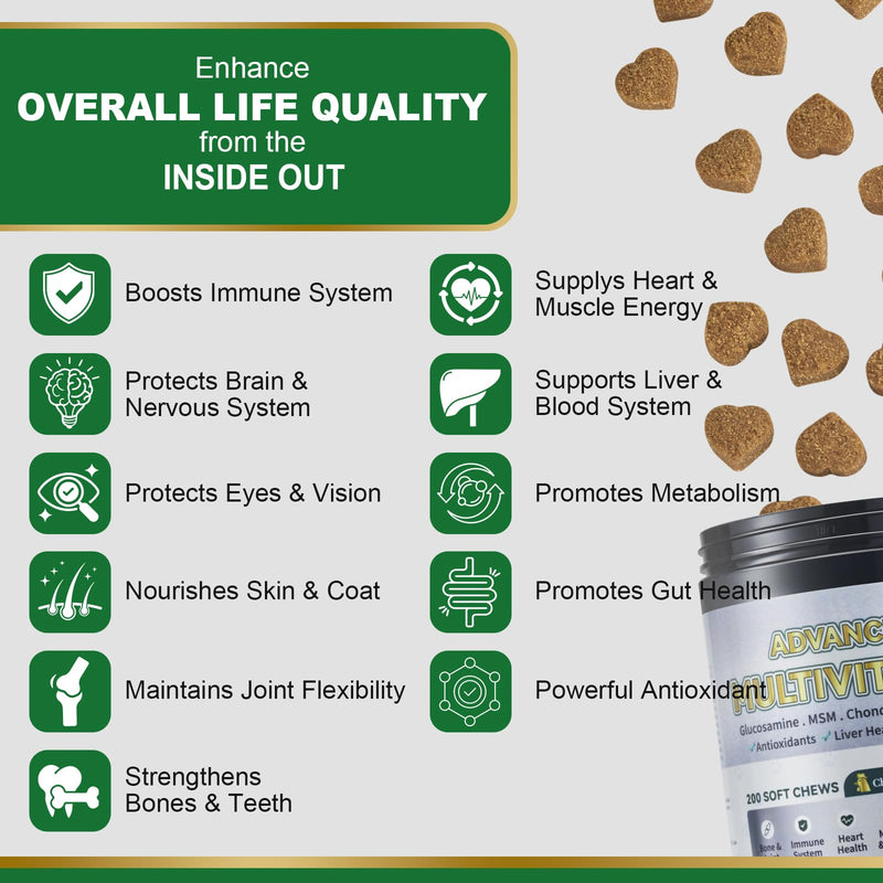 Advanced 24-in-1 Multivitamin Chews for Dogs - 200 Soft Chewable All-in-One Vitamin Support Supplement for Dog Skin Coat Itch Relief, Joints, Gut Health, 12 Essential Vitamins Treats with Omega-3 Golden