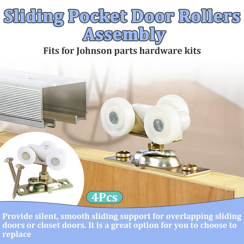4Pcs Sliding Pocket Door Rollers Assembly for Johnson Part Hardware Kit, Sliding Door Wheels Replacement Part with Top Hanger for Bypass, Closet Doors