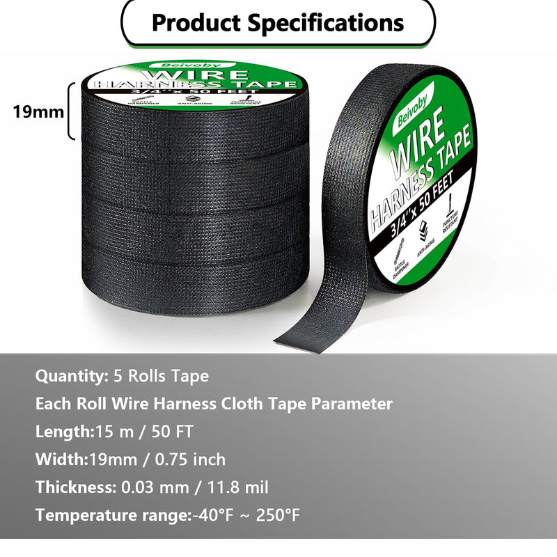5 Rolls Wire Harness Tape, High Temp Wire Harness Cloth Tape - Self-Adhesive Fabric Tape for Automotive Electrical Cable Loom, Engine Wiring Harness Wrap, Sound Damping Heat Proof, 3/4 Inch x 50 FT