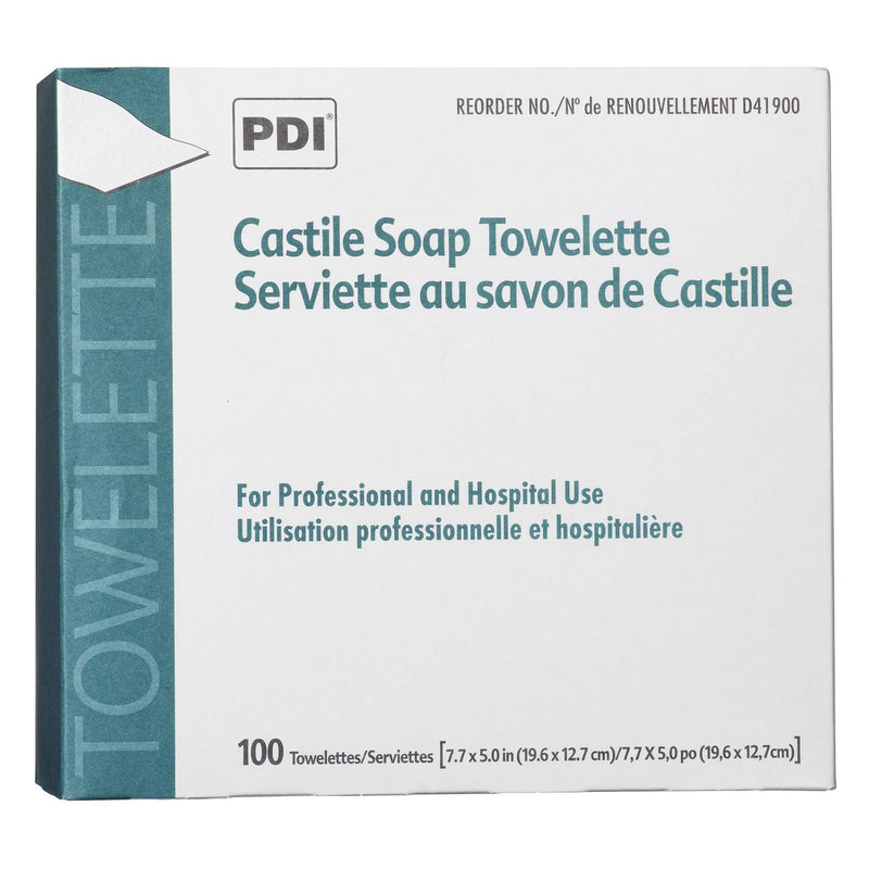 PDI Castile Soap Towelette - Premoistened Facial Cleansing Wipe with Coconut Oil, Great for Travel - Individual Packet, 7.7 in. x 5in., 100 Count, 1 Pack 100 Count (Pack of 1)