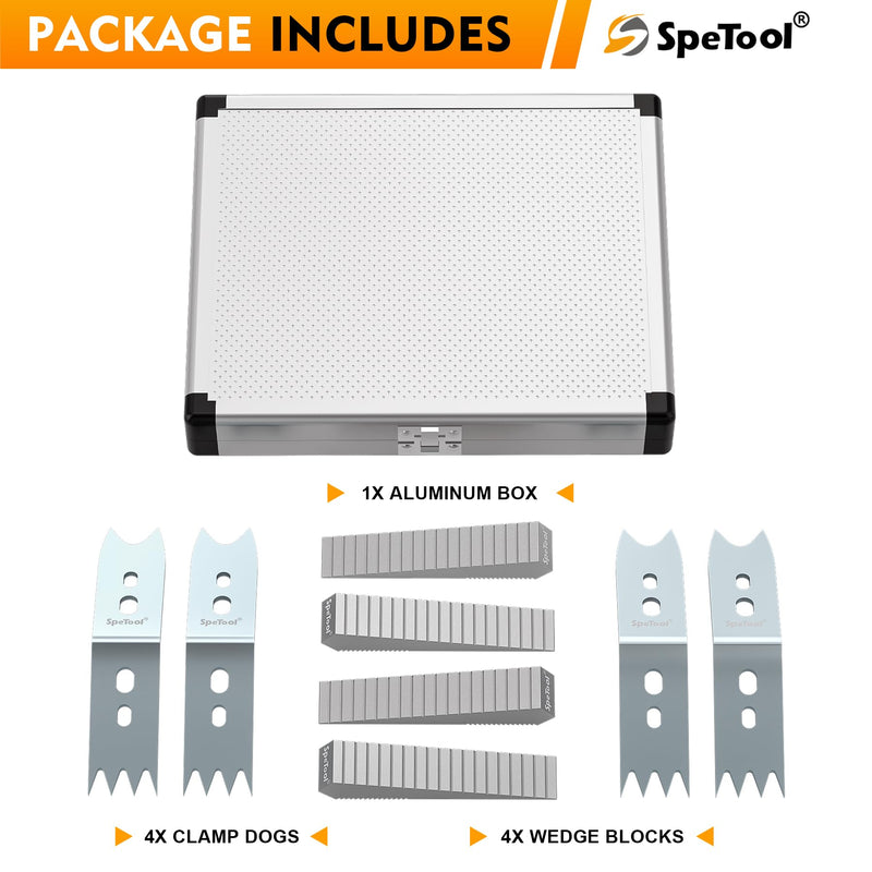 SpeTool Slab Clamping Dogs Kit with Aluminum Case - 4pcs High-Elasticity Steel Clamping & 4 Aluminum Wedges, Reusable Steel Slab Flattening Dogs for Router Sled, CNC, Woodworking